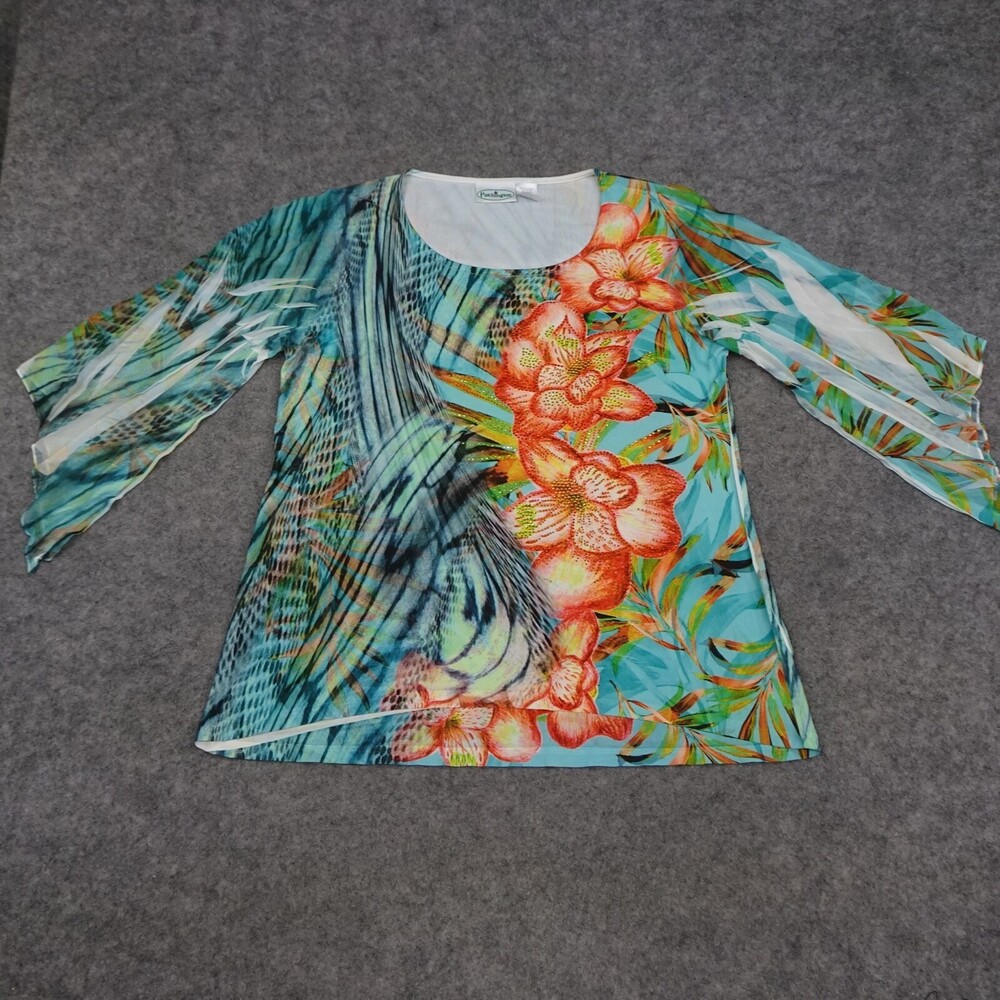 Patchington Top Womens Medium M Blue Green 3/4 Sleeve Pullover Relaxed Tropical